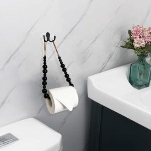 Farmhouse Wooden Beads Toilet Paper Holder, Natural Wood Beaded Paper Towel Roll Holder Tissue Hanger, Bathroom Wall Decor Rustic Boho Decorations (Black)