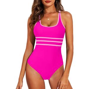 Aleumdr 2024 Trendy One Piece Athletic Bathing Suit Stripe Color Tummy Control Swimsuit Cheeky High Cut Bathing Suits Hot Pink Large