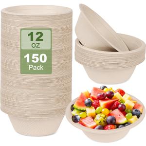 150 Pack Paper Bowls Disposable 12 OZ - Heavy-Duty 100% Compostable Eco-Friendly Biodegradable Soup Bowls, Heat Resistant Bagasse Bowls with Box, Suitable for Salad, Dessert, Milk, Cereals