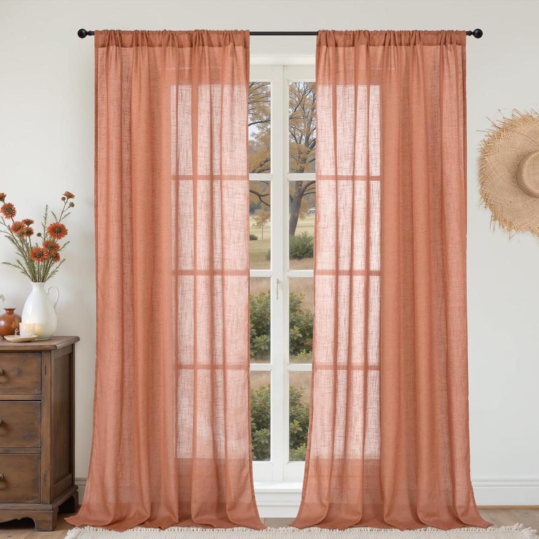 BGment Boho Terracotta Linen Curtains for Living Room 84 Inches Long, Burnt Orange Light Filtering Drapes Semi Sheer with Rod Pocket for Fall Bedroom Rust Color, Each 52 Inch Wide
