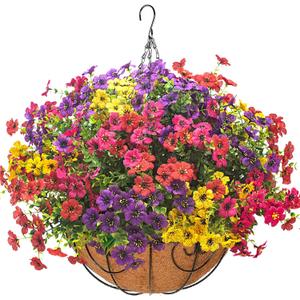 Grunyia Artificial Hanging Flowers Basket with Colorful Silk Daisies & Eucalyptus - UV/Sun-Resistant Plant for Outdoor Porch, Patio, Balcony - Indoor/Outdoor Home Decor (Spring)