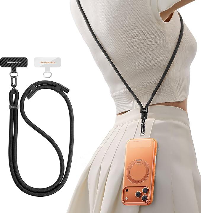 TORRAS Phone Lanyard Crossbody with 2 Phone Tabs, Adjustable Anti Theft Phone Strap for All Phones, Premium Metal Buckles, SkinFriendly, Universal Cell Phone Neck lanyard for Travel Essentials, Black