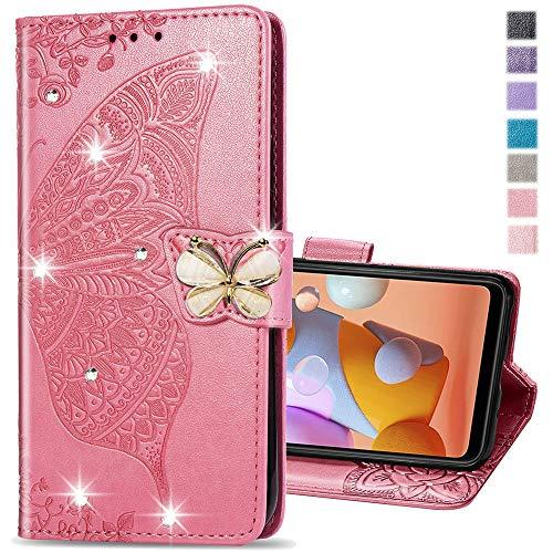 COTDINFOR Compatible with iPhone 14 Case Glitter Bling with Card Holder and Stand Leather Flip Wallet Diamond Butterfly Protective Case for iPhone 14 6.1 inch Crystal Pink