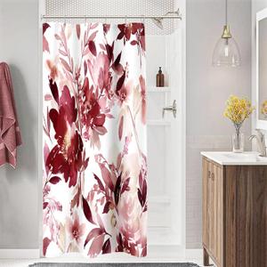 Small Stall Shower Curtain 36 x 72 Inch, Half Narrow Watercolor Floral Fabric Shower Curtain, Modern Abstract Burgundy Red Flower Bathroom Shower Curtain Set with Hooks