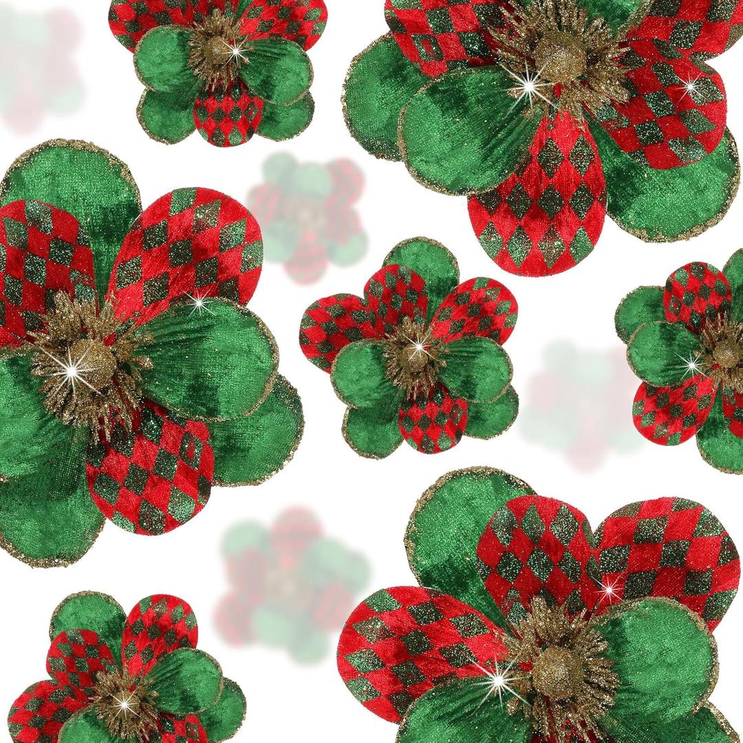 Norme 15 Pcs Christmas Magnolia Flowers Ornaments 3.15'' 5.91'' 8.27'' Large Artificial Magnolia Velvet Fold Poinsettia Stems for Christmas Tree Wreath Holiday Decor(Red and Green)