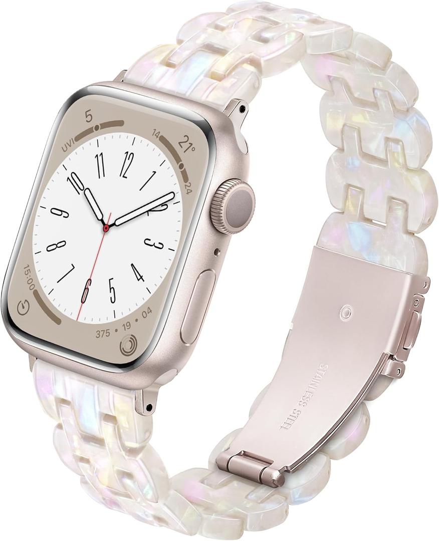 Lightweight Resin Band For Apple Watch Series 11 10 9 8 7 6 5 4 3 2 1 SE 3 2 Ultra 3 2, Fashion Adjustable Replacement Strap for iWatch Bands 38mm 40mm 41mm 42mm 44mm 45mm 46mm 49mm for Women Men (Oval Design Aurora White)