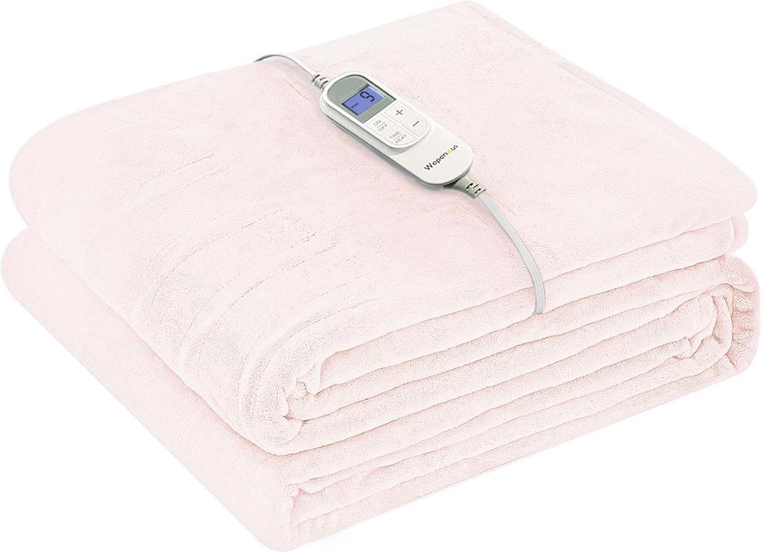 Wapaneus Foot Pocket Heated Blanket Electric Throw with 10 Heating Levels and 4 Timer Settings 4 Hours Auto Shut Off, Flannel Fast-Heating Heated Throw 50" x 60", Machine Washable, Pink