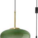 Plug in Glass Hanging Lamp Mid Century Pendant Light Plug in Cord Milk Glass Dark Green Lamp Shade Golden Brass Plug in Pendant Light Fixtures Adjustable Pendant Lights Cord Dining Room