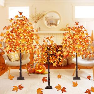 3Pack 4FT 5FT and 6FT 300 LED Artificial Lighted Maple Tree,Timer Function Prelit Fall Decor Maple Tree with Warm White Light for Indoor Outdoor Harvest Halloween Thanksgiving Day