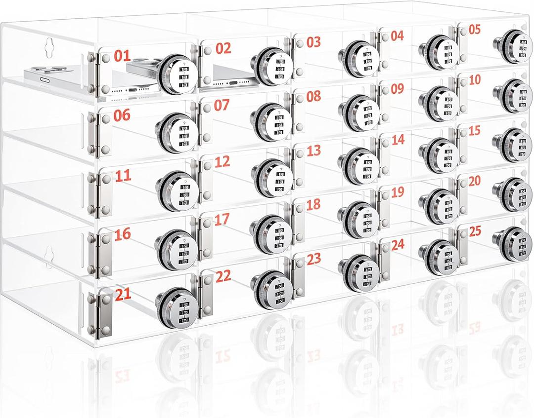 Reallnaive 25 Slots Cell Phone Locker Box with Combination Lock, Clear Acrylic Cell Phone Storage Cabinet Bin, Wall Mounted, for Classroom School Students Office Factory Employees
