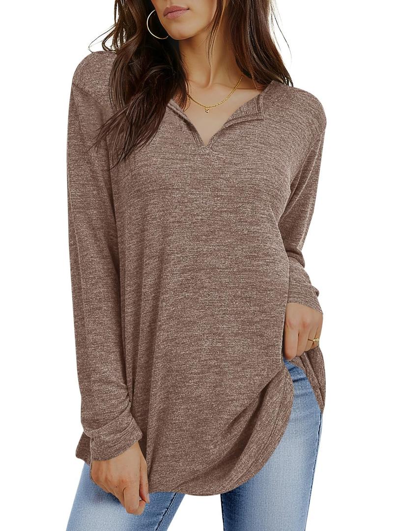 Tankaneo Womens Long Sleeve Tunic Tops V Neck Dressy Casual T-Shirts Loose Fit Curved Hem Blouse Tees Coffee, Small