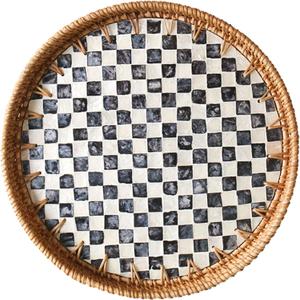 Round Rattan Tray with Mother of Pearl Inlay, Decorative Wicker Serving Tray with Wooden Base, Woven Basket Trays for Bread Fruits Coffee, Checkered