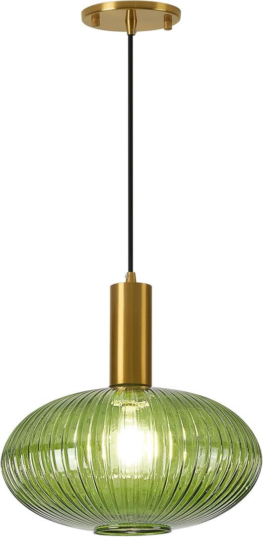 Modern Green Pendant Light Fixtures, Vintage Brass Ceiling Hanging Pendant Lights Adjustable with Striped Globe Glass Shade for Kitchen Island Bedroom Hallway Foyer, E26, 60W (Green)