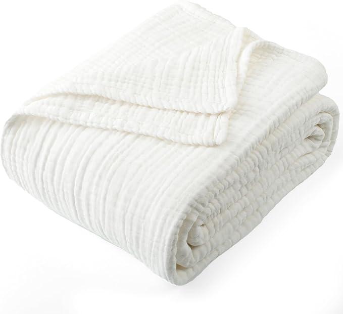 Carriediosa 100% Cotton Muslin Throw Blanket 50" X 70" Throw XL Size，4-Layers Summer Gauze Throws for Bed Couch，Soft Lightweight Breathable Linen Blankets Bedspread for Adults All Season，White