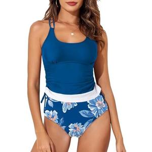 Aleumdr Womens Tankini Swimsuits Athletic Two Piece Tummy Control Bathing Suits Modest Tank Tops with Print Bottoms, S
