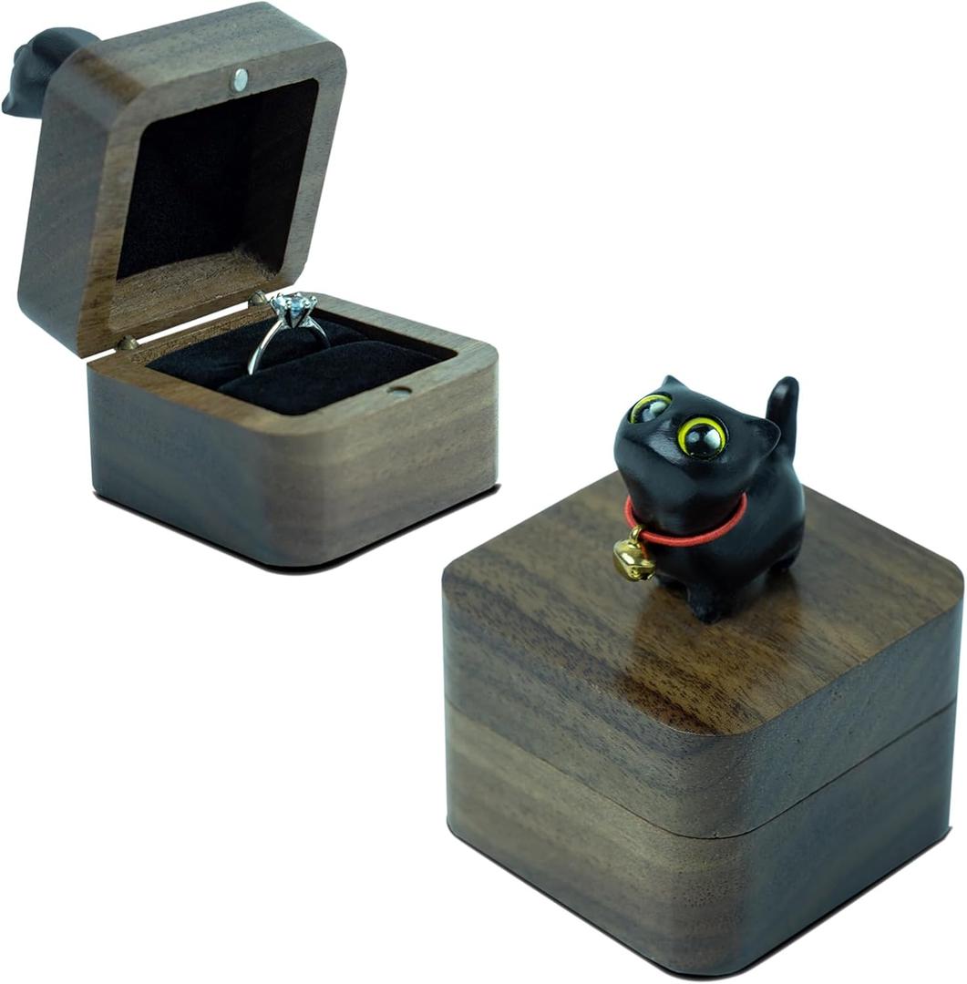 Hand-Carved Cat Wooden Ring Box - Magnetic Closure Wedding & Engagement Jewelry Gift Box (Black Cat)