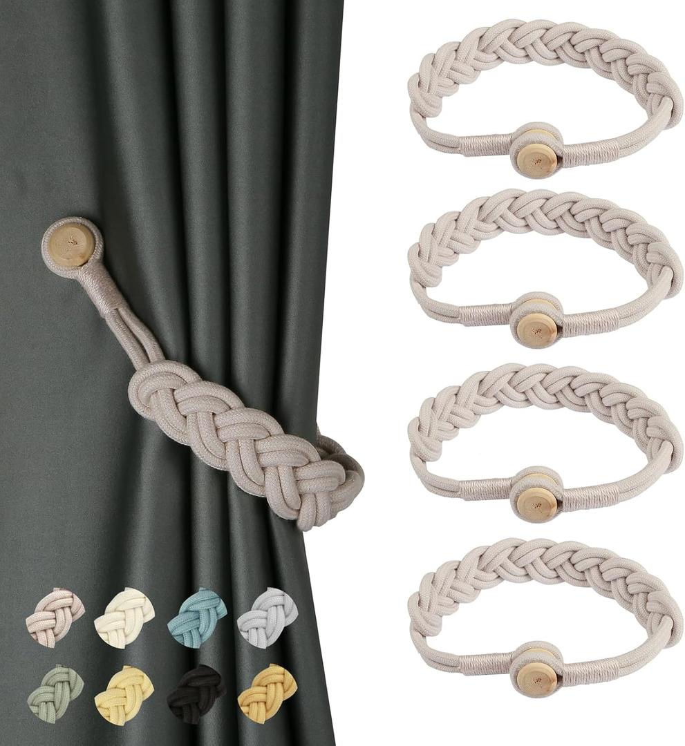 BEL AVENIR Curtain Tiebacks Magnetic Woven Curtain Holdback Drapery Tie-Back (Blush-4 Pack)