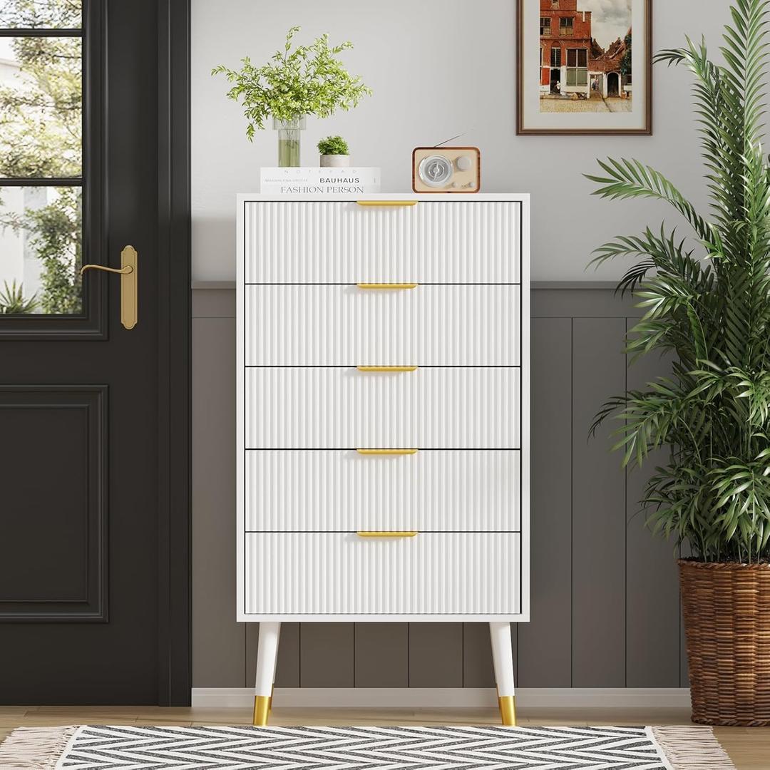 5 Drawer Dresser for Bedroom, Modern Nightstand with Wide Top, Chest of Drawers with Deep Drawers, Wooden Dresser, Side Table for Living Room, Hallway, Kids Room, White