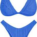 ZAFUL Women's Sexy Two Piece Swimwear Textured Triangle Plunging Neck High Cut Cheeky Bikini Set Solid Color Swimsuit (Medium, Blue)