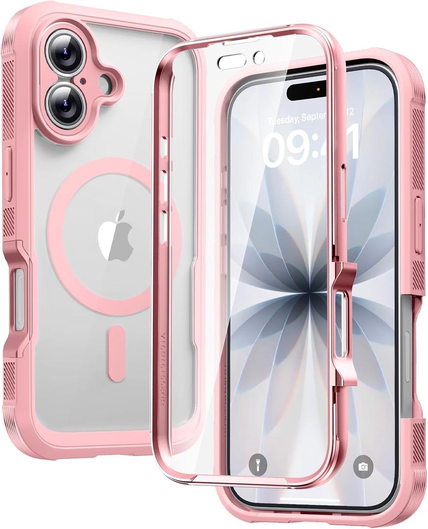 Diaclara Magnetic Designed for iPhone 17 Case Full Body Bumper,[Compatible with MagSafe] Military Drop Proof Cover with Built-in Touch Sensitive Anti-Scratch Screen Protector,Pink