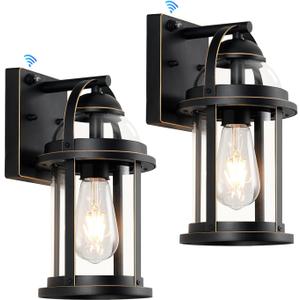 OKELI Dusk to Dawn Outdoor Wall Lights, Waterproof Lighting Fixtures Rustic Farmhouse Wall Lanterns with Clear Glass Shades Anti-Rust Outside Lights for House(Black with Gold-Trim, 2 Pack)
