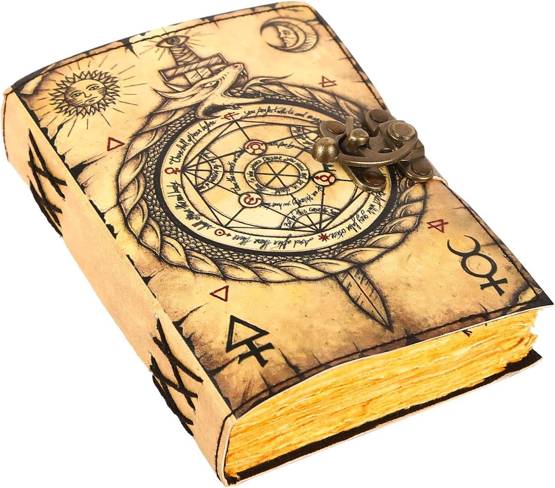 TUZECH Book of Spells Leather Bound Journal Deckle Edge Paper Grimoire Printed Diary Third Eye Notebook Spiral Gothic Notebook Antique Vintage Book for Men and Women