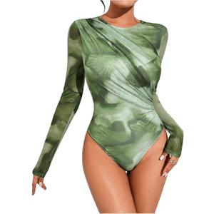 Milumia Women's Tie Dye Wrap Front Ruched Mesh Tee Bodysuit Long Sleeve Leotard Tops (Green) S