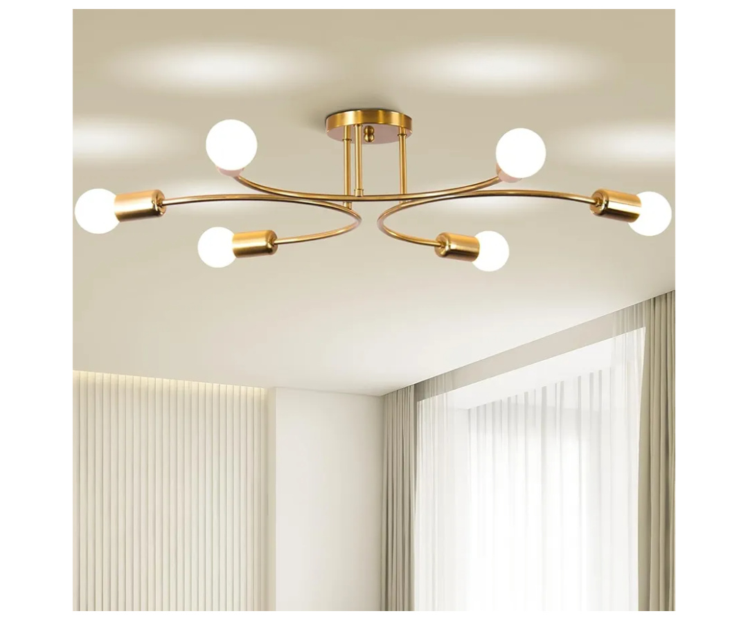 FRIXCHUR 6-Light Sputnik Chandelier, Gold Mid-Century Modern Semi Flush Mount Ceiling Light, Metal Fixture with E26 Sockets for Bedroom, Living Room, Kitchen (Bulbs Not Included)