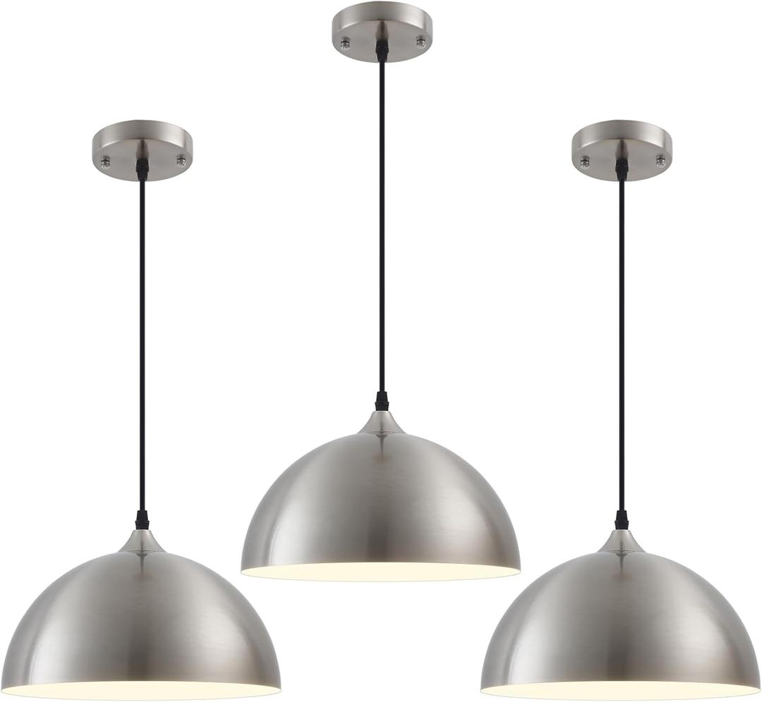 Brushed Nickel Pendant Light Kitchen Island 3 Pack, 11.8" Farmhouse Pendant Lights,Dome Pendant Light for Bedroom Dining Room Sink Hallway Foyer Barn Cafe