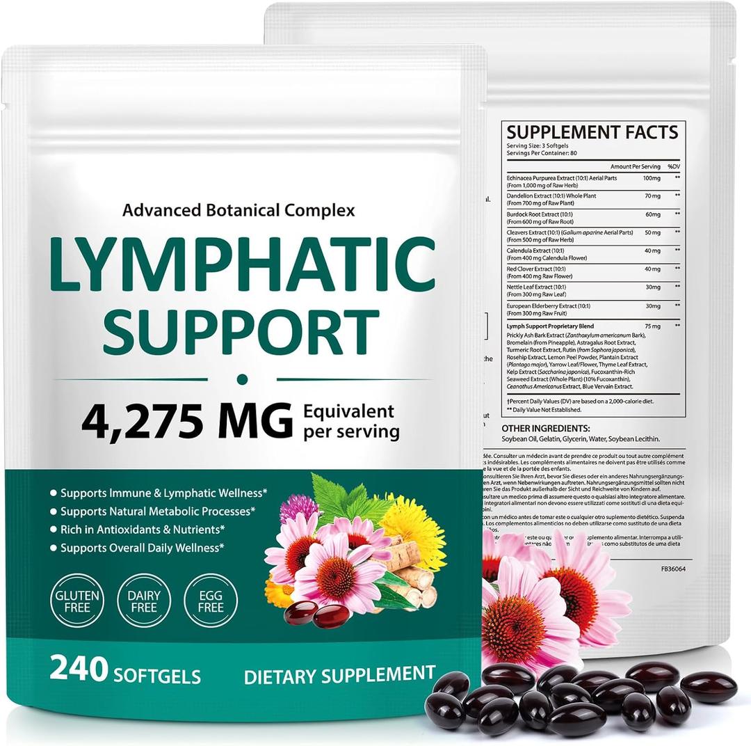 Liefiet Lymphatic Drainage Supplements 240 Softgels, 21-in-1 Herbal Blend with Echinacea, Dandelion & Burdock Root, Lymph System Supports Overall Daily Wellness for Women & Men