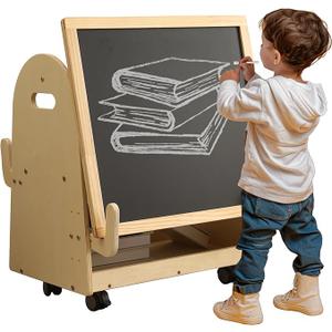 Avrlp Kids Art Easel Toddler Easel with Wheels Wooden Magnetic Chalkboard Mobile Kids Easel with Storage Standing Art Easel for Bedroom Nursery School