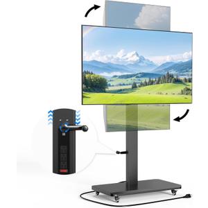 Mobile TV Stand with Power Outlet, Height Adjustable with Handle Stepless Lift,Rolling TV Stand for 32-75inch TVs with 90 Rotating,Portrait to Landscape,TV Cart with Wheels Holds up to 110lbs (Black)