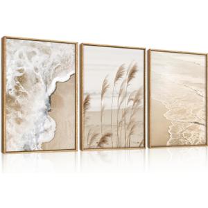 Aurlan Large Beach Wave Pampas Grass Framed Canvas Wall Art Set-24"x36"x3