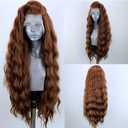 ELESTY 13 * 4 Light Brown Hair Long Wavy Synthetic Lace Front Wigs for Women Loose Curly Free Part Glueless Lace Wig Heat Resistant Fiber Hair Water Wave Cosplay Wigs 24Inch