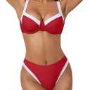 SUUKSESS Women Color Block Underwire Bikini Sets Cheeky High Cut 1 Piece Swimsuit V Neck Push Up Bathing Suit (Red White,XS)