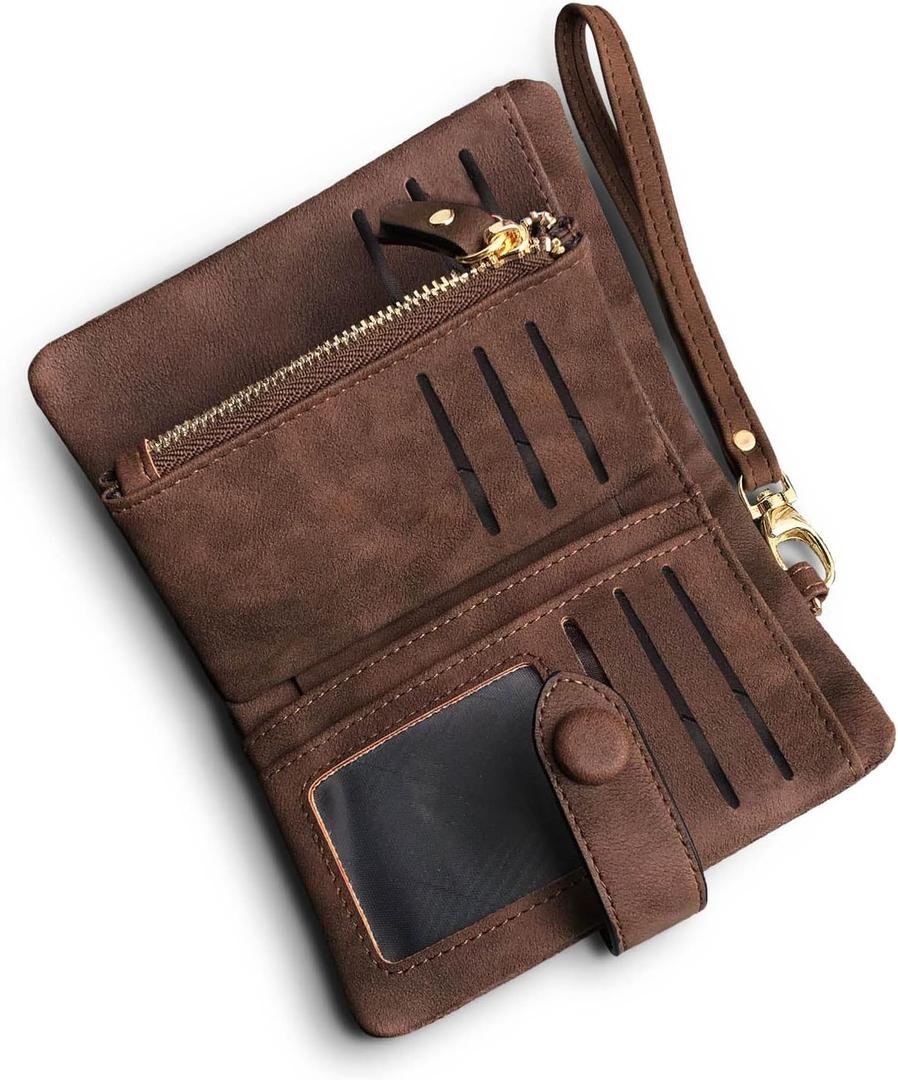Wallets for Women Bifold Small Rfid Soft Leather Ladies Wallets Trifold Womens Wallets Billfolds Mini Wristlet Clutch Cute Zipper Coin Purse with Wrist Strap (Brown)