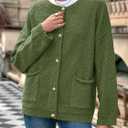 Saodimallsu Women's Chunky Knit Cardigan Button Down Crewneck Long Sleeve Cropped Sweater with Pockets (Green, XXL)