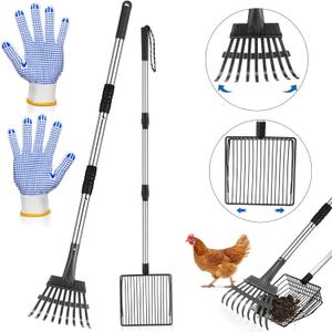 3 Pack Chicken Poop Scooper and Rake Anti Slip Dots Gloves Set Retractable 3 in 1 Litter Sifting Shovel Detachable Chicken Coop Cleaning Tools