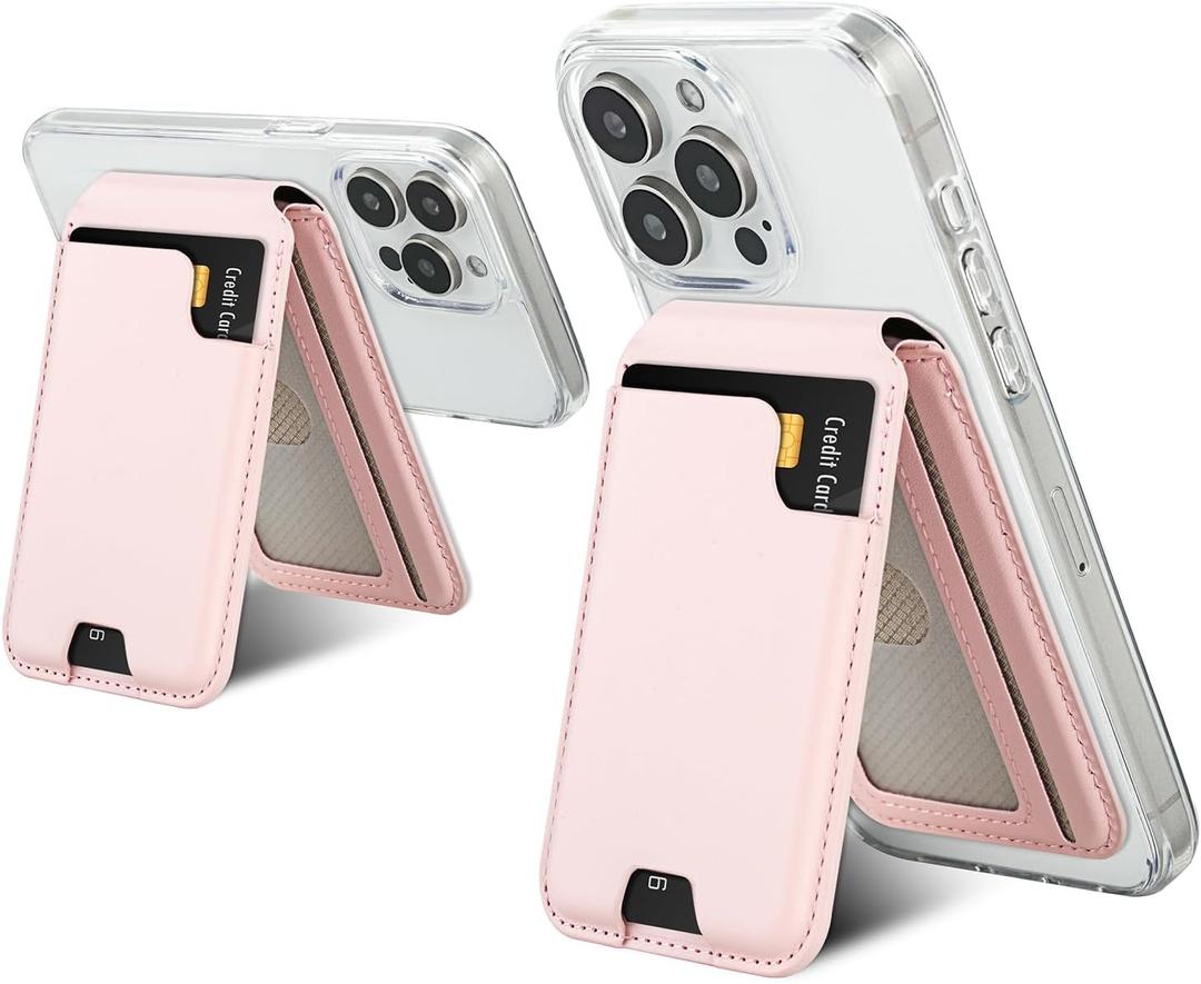 isee Magnetic Card Holder Wallet with MagSafe, Adjustable Stand for iPhone 16/15/14/13/12 Series Holds 5 Cards (Light Pink)