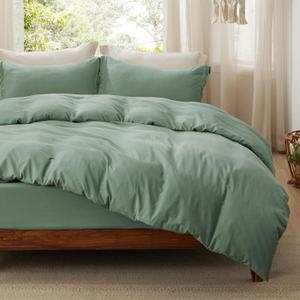 Bedsure Duvet Cover Queen Size with Fitted Sheet - 4 Pieces Prewashed Cotton-Like Polyester Extra Soft Bedding Set, Includes 1 Duvet Cover 90x90 Inches, 2 Pillow Shams, 1 Fitted Sheet, Sage Green