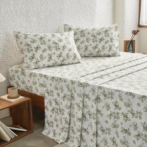 Wake In Cloud - Floral Bed Sheets, 4-Piece Sheet Set, Shabby Chic Botanical Coquette Cottagecore Vintage Flower Pattern Printed Bedding, Deep Pocket, Sage Green, Full Size