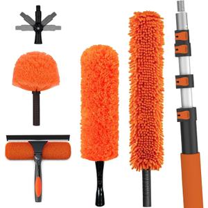 LAANPOLE 26FT High Reach Duster Cleaning Kit with Extension Pole, High Ceiling Fan Cleaner Duster Tool for Fan Blades, Window Washing Kit with Microfiber Feather Duster & Window Squeegee, 20FT