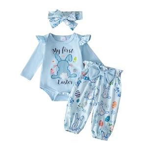 JiAmy Baby Girls My 1st Easter Outfit Newborn 3 Piece Romper Headband Pant Sets Blue Rabbit Egg 9-12M