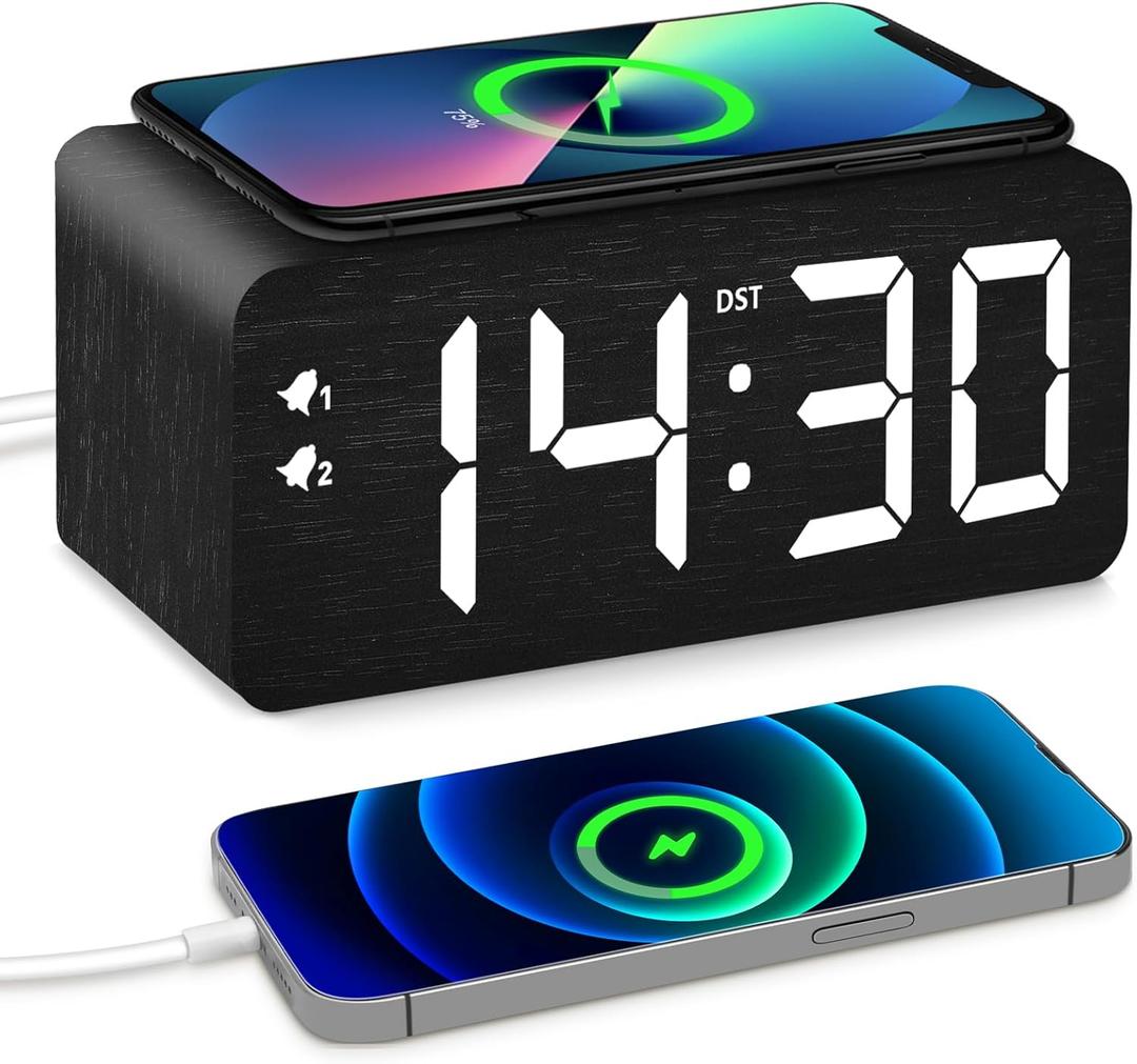 URAYCO Wood Digital Alarm Clock with 10W Fast Wireless Charger, USB Charging Ports, DST, Dimmable, Snooze, Large Number LED Display for Bedrooms, Desk, Living Room Table, Bedside, Nightstand (Black)