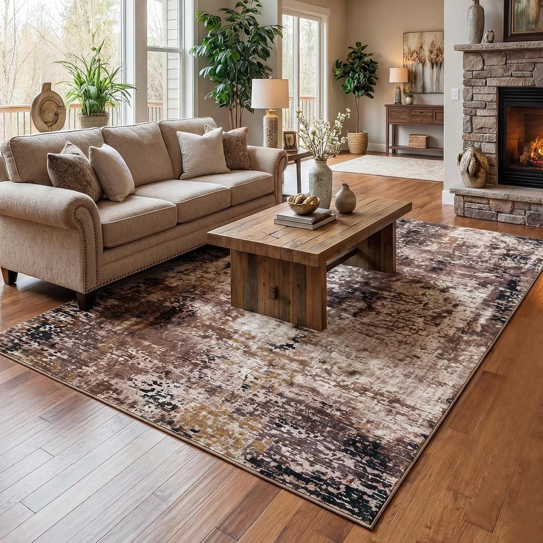 Merelax 4x6 Washable Area Rug for Living Room, Brown Red Boho Abstract Bedroom Area Rugs, Non Slip Entryway Rug, Low Pile Carpet for Kitchen Dining Room Study Office Kids Room