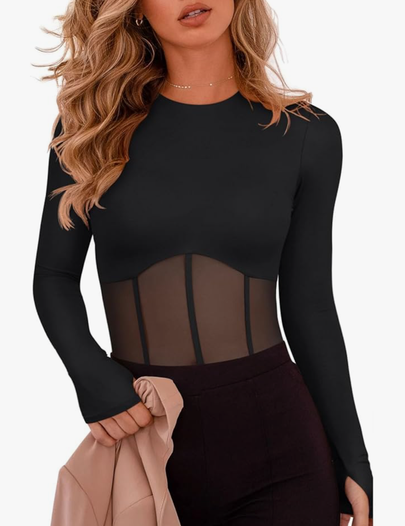 REORIA Women's Trendy Sexy Crew Neck Thumbholes Long Sleeve Sheer Mesh Going Out Bodysuit Tops M