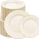 200 Pc Scalloped Ivory Gold Plastic Plates for Party