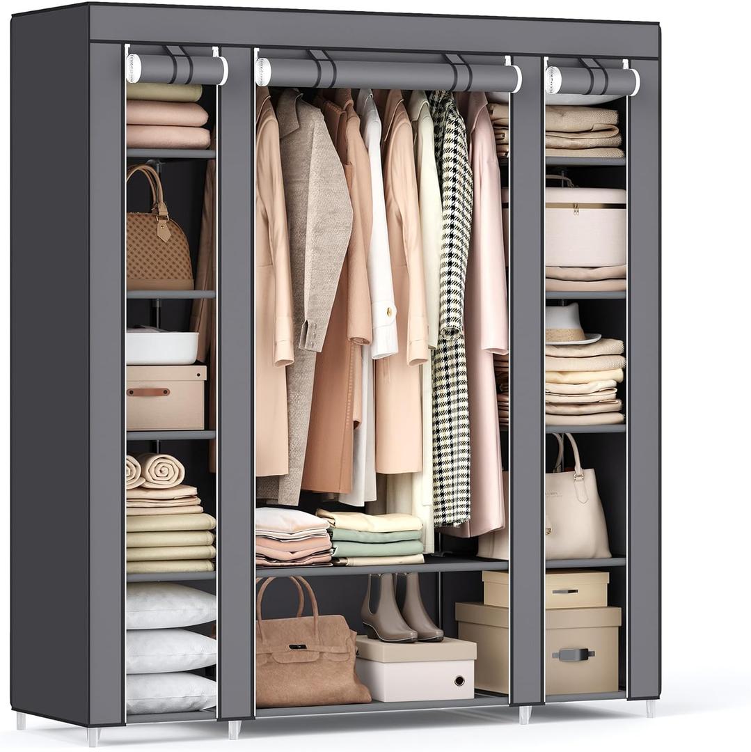 SONGMICS Closet Wardrobe, Portable Closet for Bedroom, Clothes Rail with Non-Woven Fabric Cover, Clothes Storage Organizer, 59 x 17.7 x 69 Inches, 12 Compartments, Gray ULSF03G (Grey)