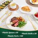 WDF 200 Pieces Gold Plastic Silverware Disposable - 50 Guests Heavy Duty Thanksgiving Gold Plastic Cutlery - Disposable Utensils Includes 100 Forks, 50 Spoons, 50 Knives Perfect for Party/Weeding