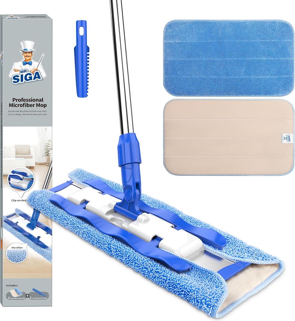 MR.SIGA Professional Microfiber Mop for Hardwood, Laminate, Tile Floor Cleaning, Stainless Steel Telescopic Handle - 3 Reusable Flat Mop Refills and 1 Dirt Removal Scrubber Included (Blue)